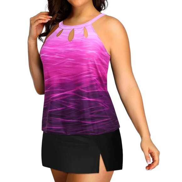 Yonique Plus Size 22W Swimsuit Tankini Skirt Set High Neck Three Keyhole Design - Picture 2 of 8